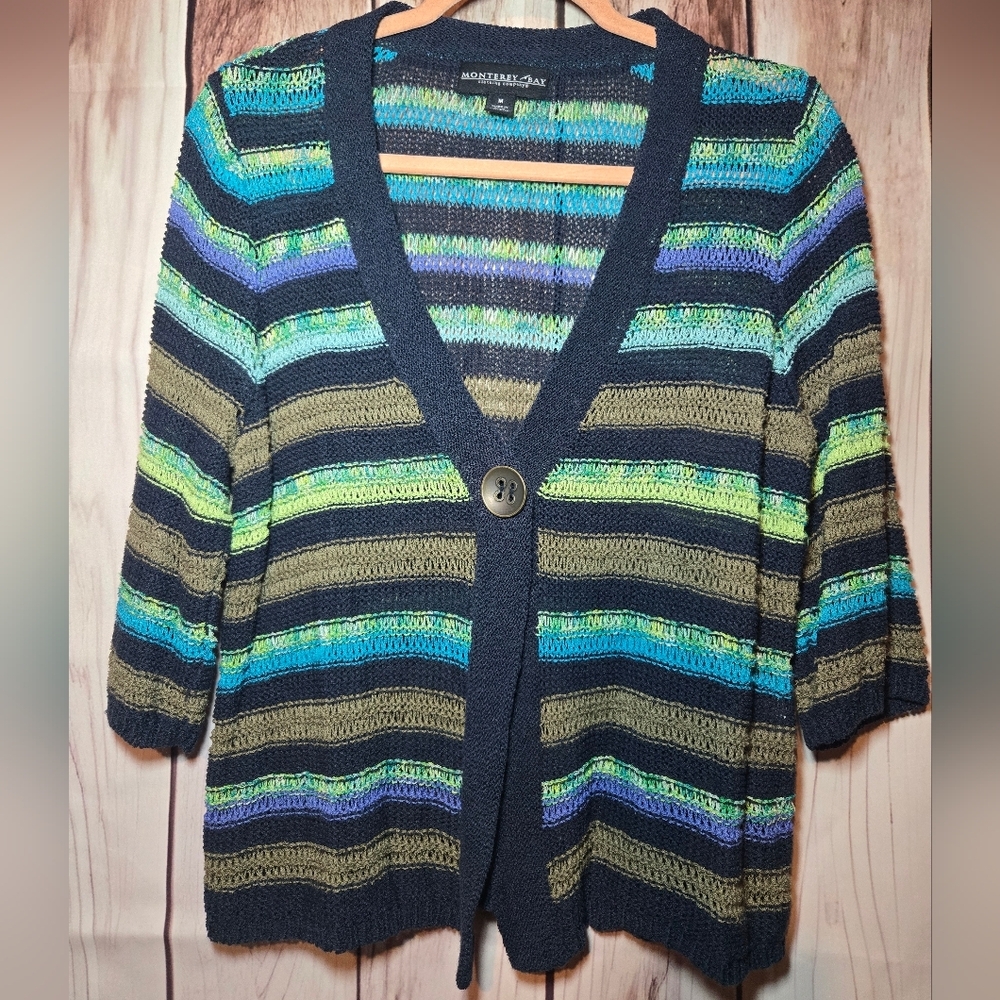 Monterey Bay Navy Green & Brown Striped Short Sleeve Cardigan Size Medium - Picture 1 of 8